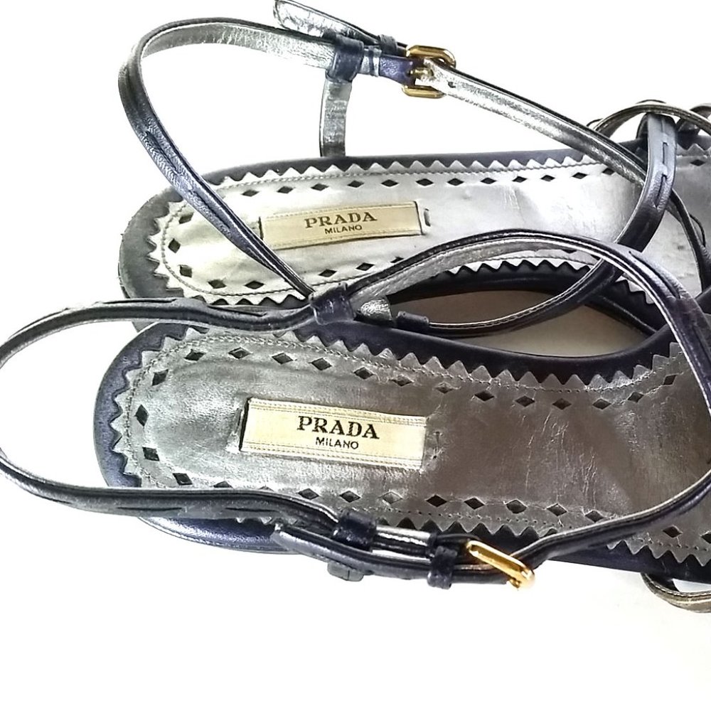 PRADA Sandals 38.5 Metallic Leather SZ 8 - Picture 5 of 8
